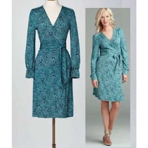 Lilly Pulitzer Navy & Turquoise Pattern 100% Silk Wrap Dress sz 2 - Picture 1 of 5